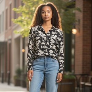 Herman Geist Vintage 1980s Floral Blouse Navy And White Size 8